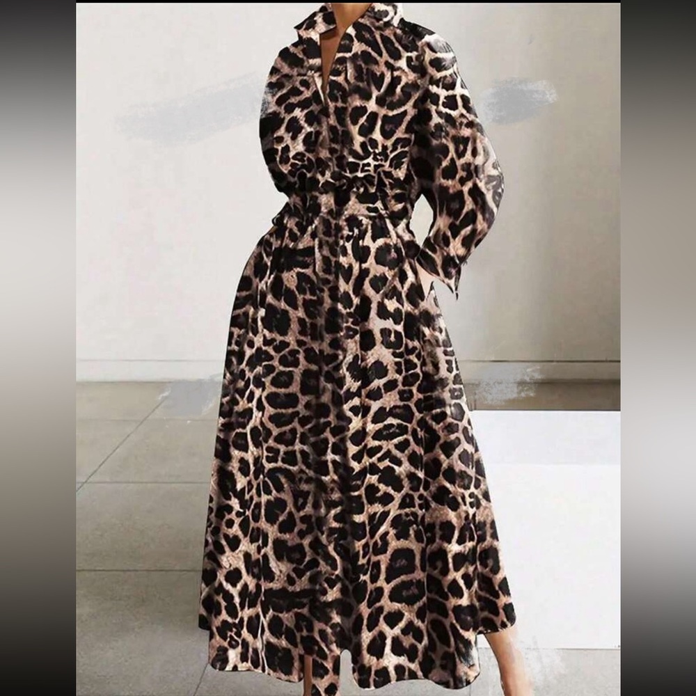 Leopard Print Long Sleeve Collar Button Down Shirt Dress